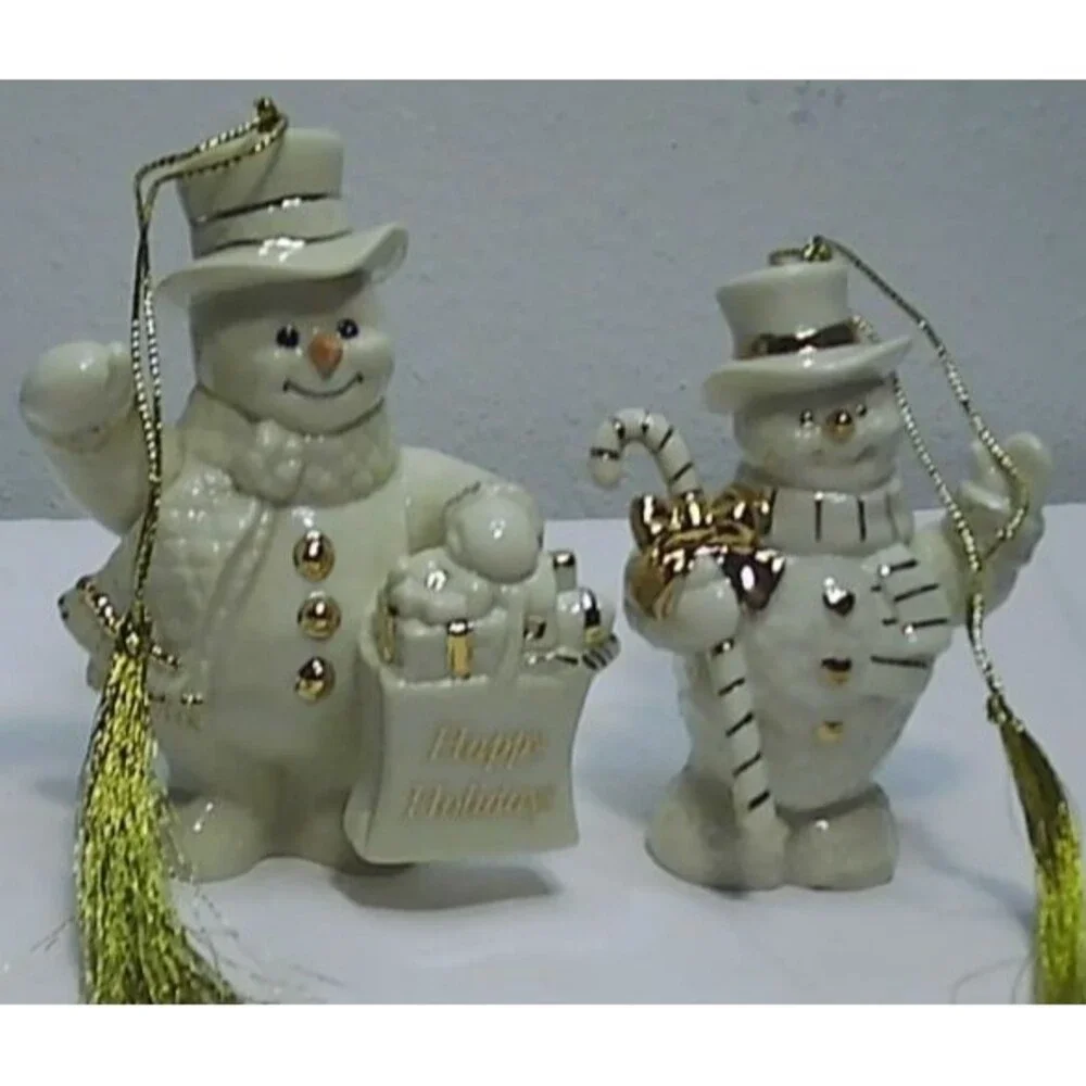 Pair of Vtg Lenox Ivory China Snowman Christmas Ornaments Gold Accents 3.75-4.25